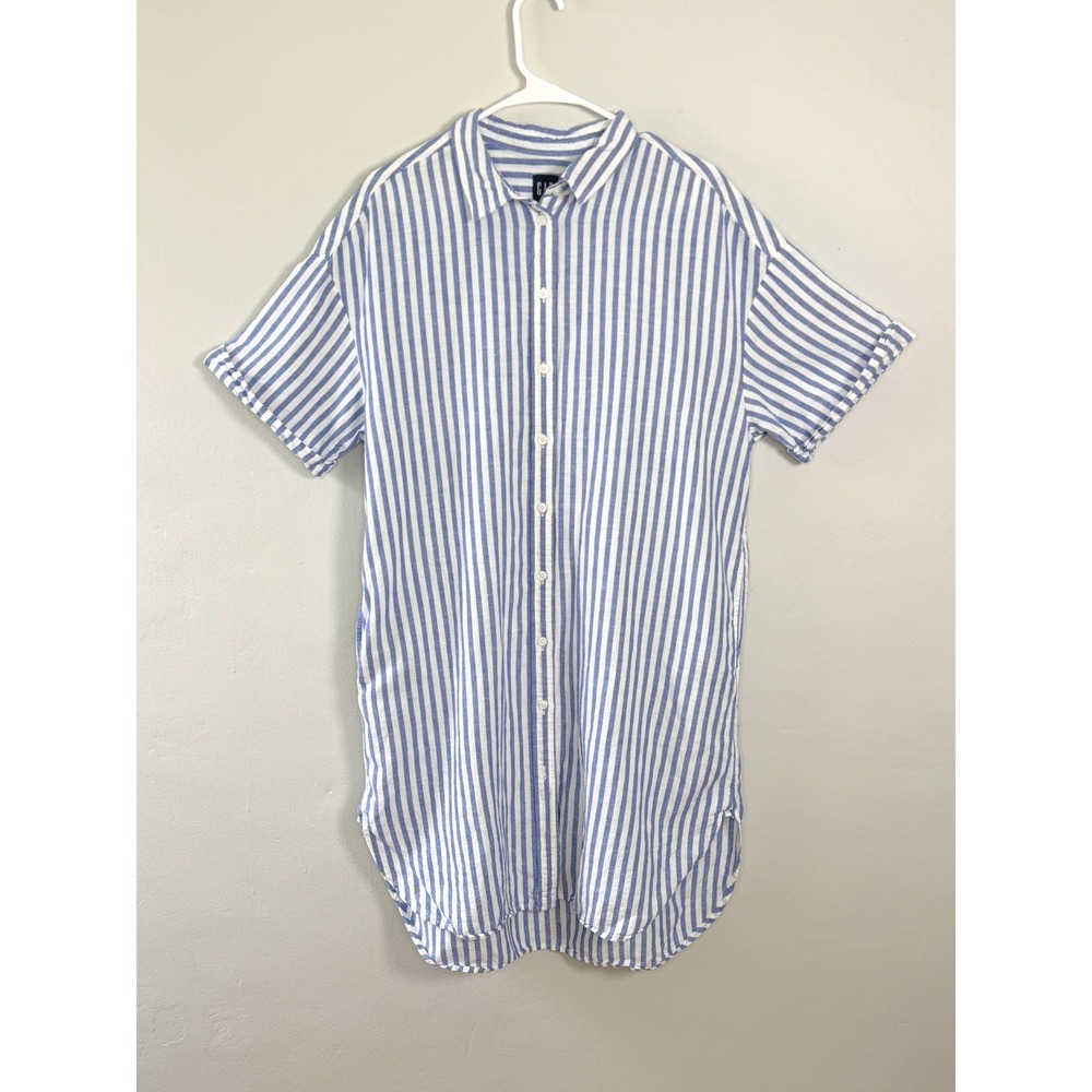 Gap‎ Linen Shirt Dress Women L Blue Stripe Button Down Coastal Nautical Casual
